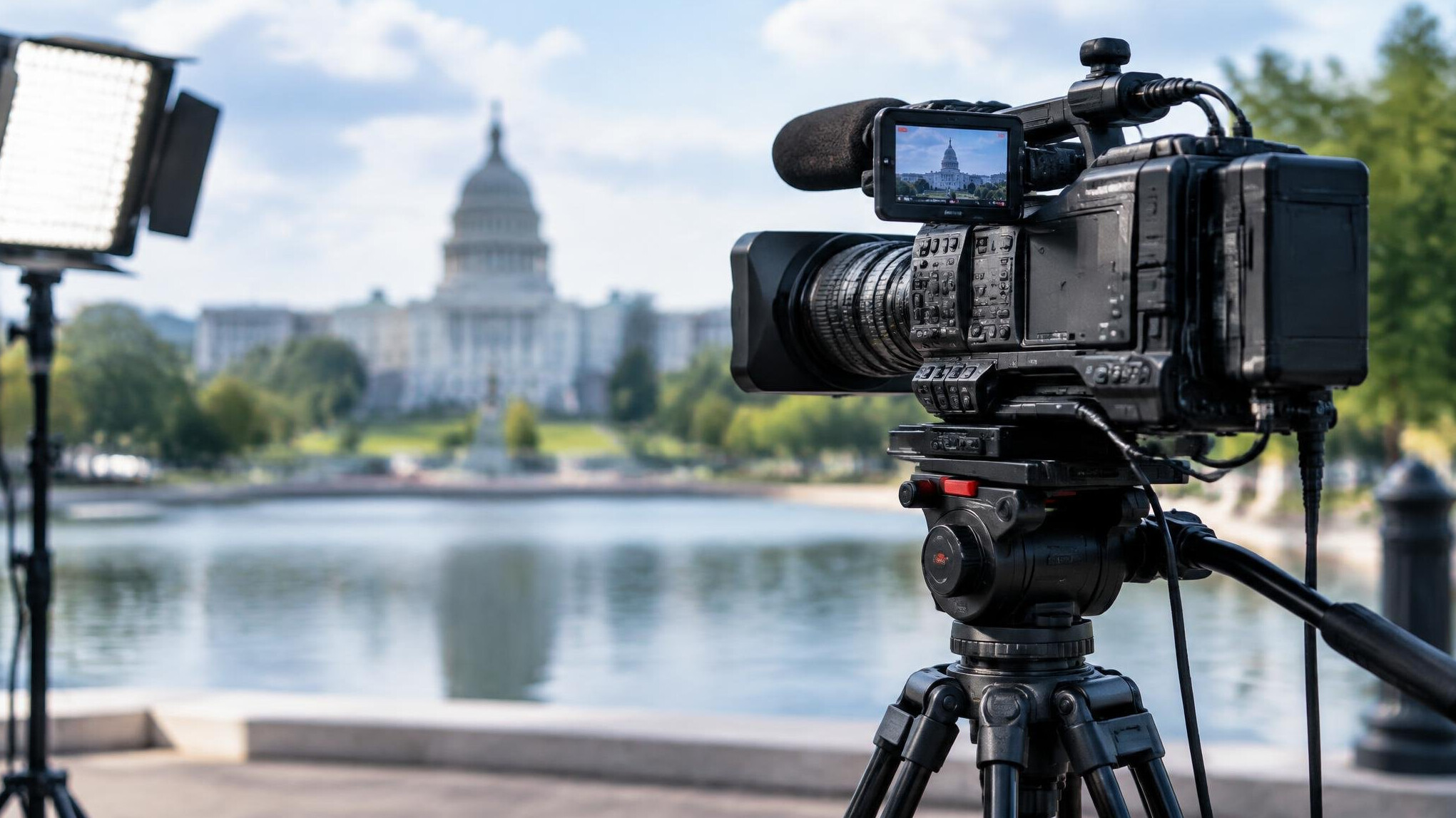 Video camera mounted on a tripod ready to film