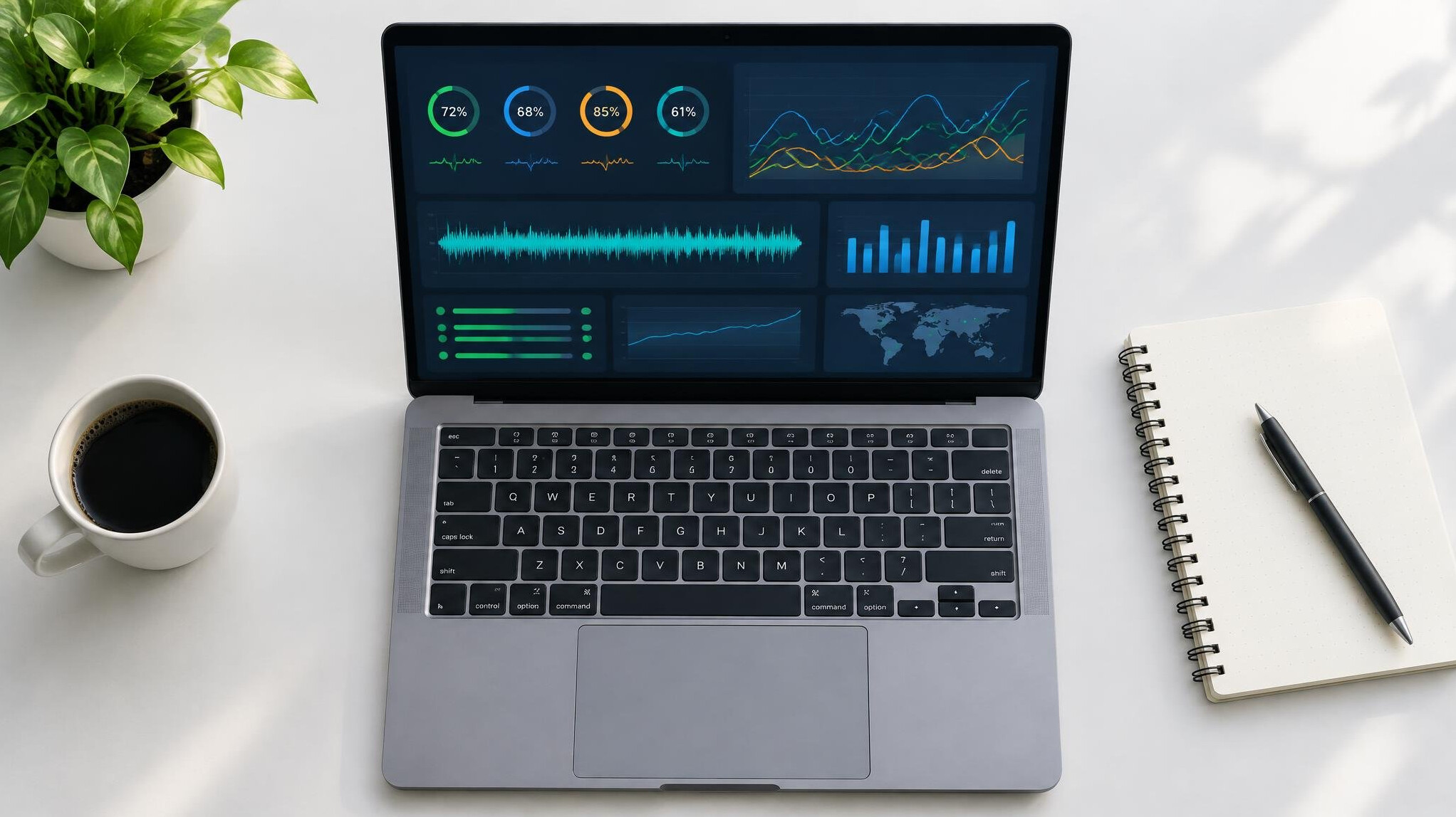 Laptop on a desk showing analytics dashboards